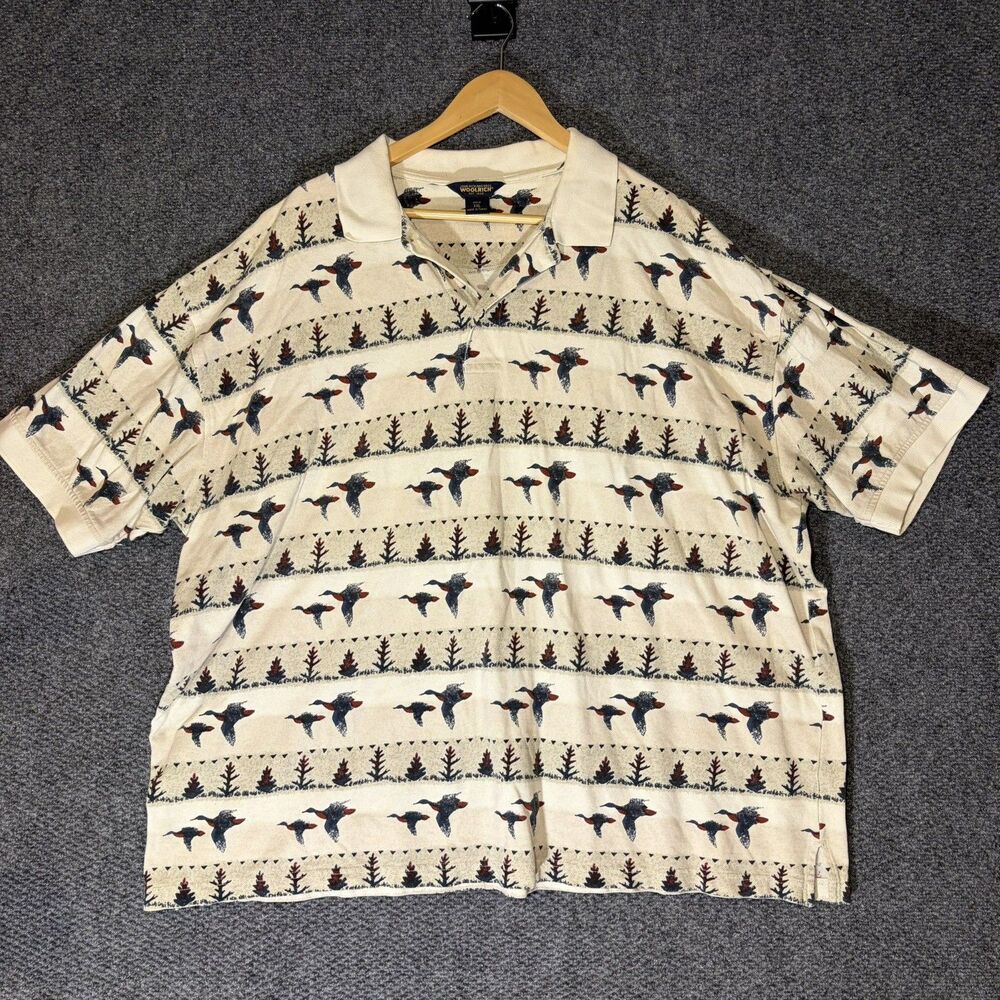 VTG Woolrich Polo Shirt Men's XXL Short Sleeve Ducks AOP Flying Mallard Nature